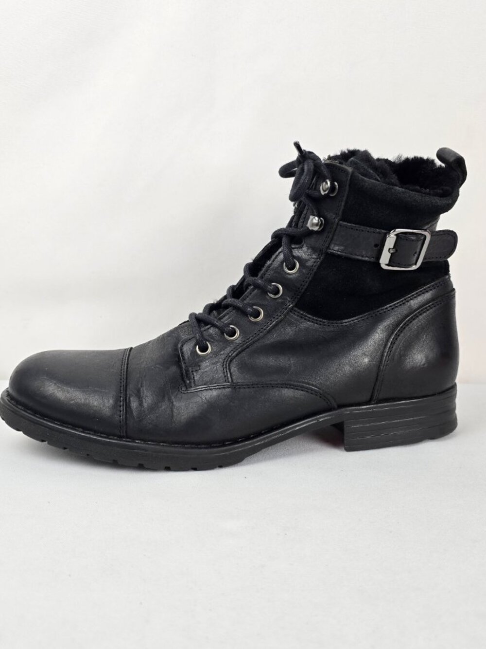 Bootlegger Men’s Black Moto Combat Boots Size 10 Buckle Lace-Up Fleece Lined